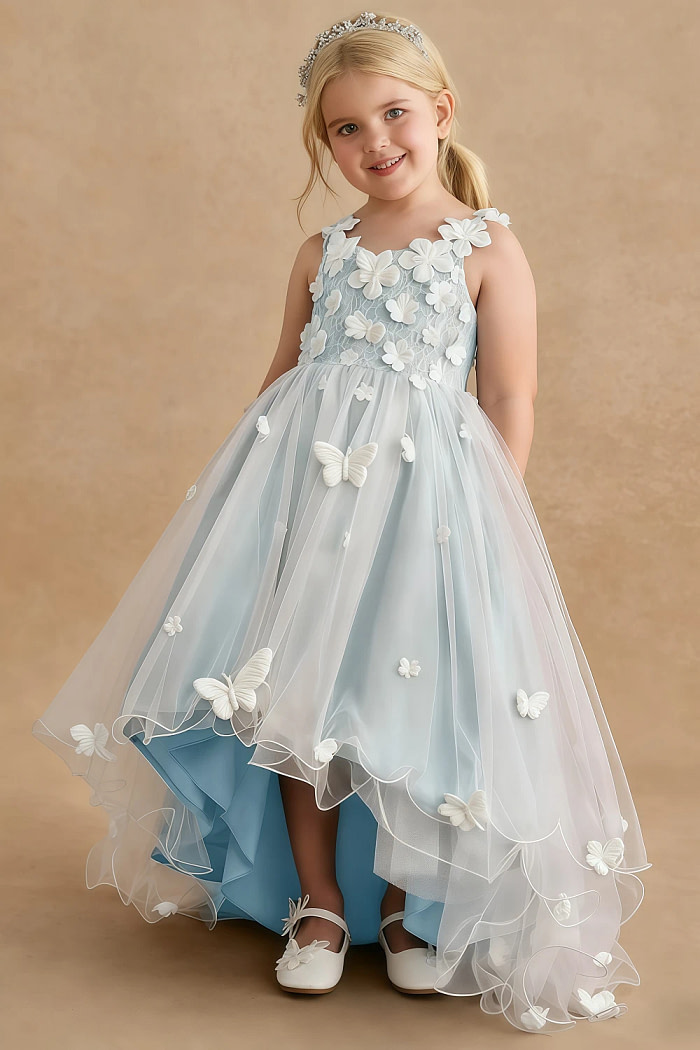 Akaks Eria Light Blue Flower Girl Dress A-Line V-Neck Lace Tulle Asymmetrical Hem Sleeveless 3D White Flowers Dress Image493200