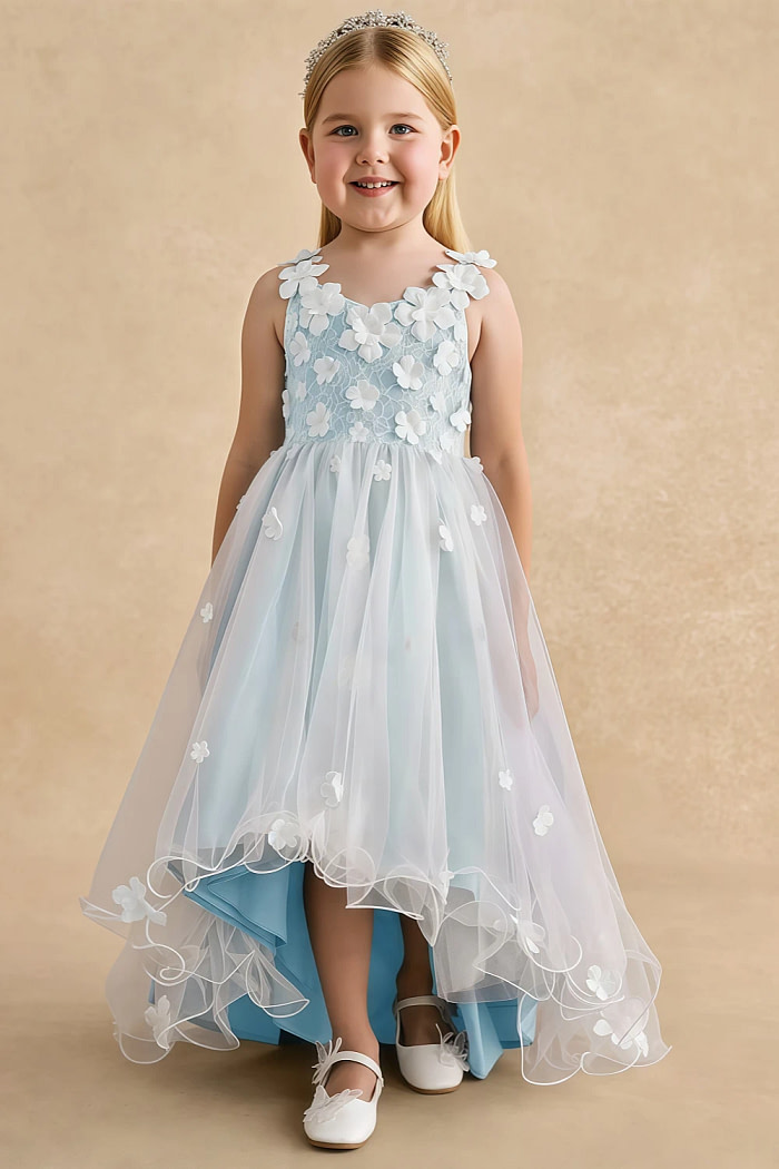 Akaks Eria Light Blue Flower Girl Dress A-Line V-Neck Lace Tulle Asymmetrical Hem Sleeveless 3D White Flowers Dress Image977507