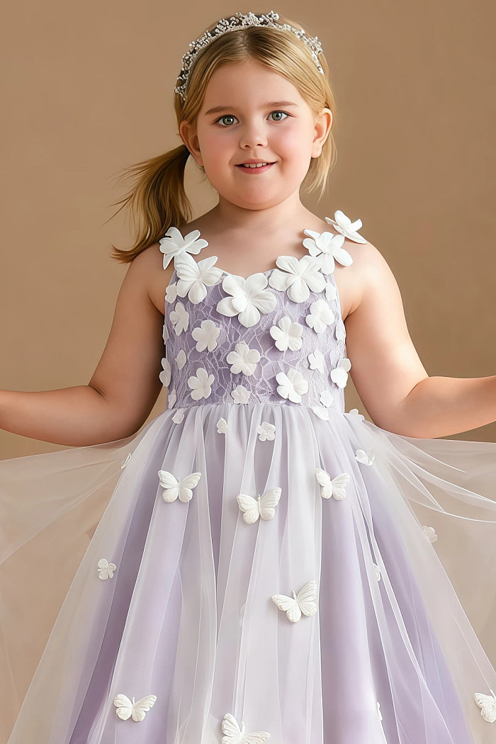 Akaks Eria Lilac Flower Girl Dress A-Line V-Neck Lace Tulle Asymmetrical Hem Sleeveless 3D White Flowers Dress Image139852