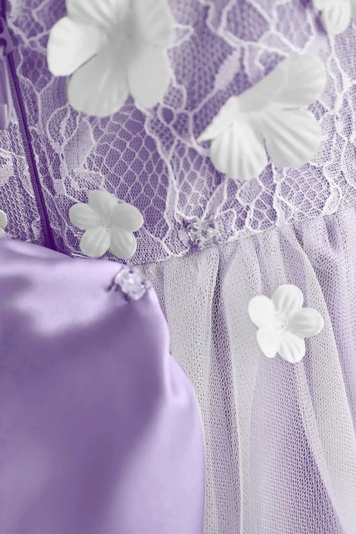 Akaks Eria Lilac Flower Girl Dress A-Line V-Neck Lace Tulle Asymmetrical Hem Sleeveless 3D White Flowers Dress Image264982