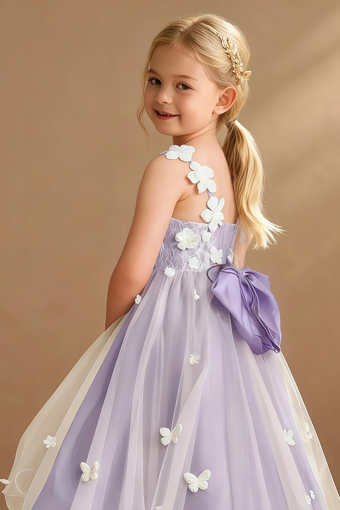 Akaks Eria Lilac Flower Girl Dress A-Line V-Neck Lace Tulle Asymmetrical Hem Sleeveless 3D White Flowers Dress Image338512