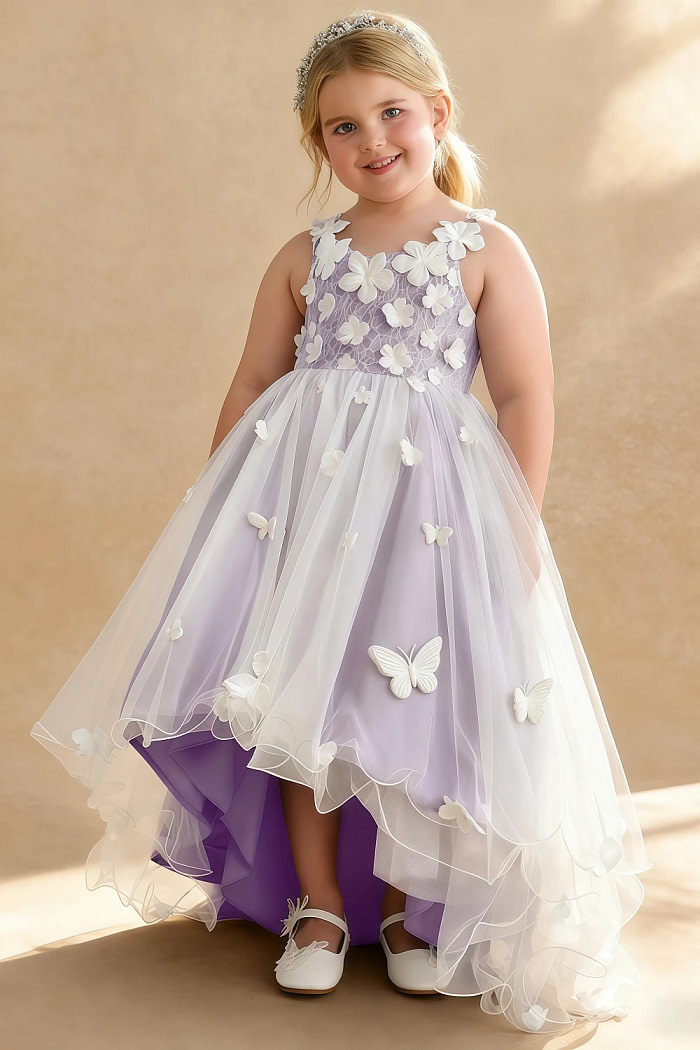 Akaks Eria Lilac Flower Girl Dress A-Line V-Neck Lace Tulle Asymmetrical Hem Sleeveless 3D White Flowers Dress Image383972