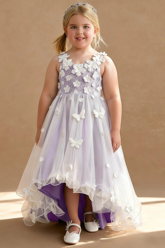 Akaks Eria Lilac Flower Girl Dress A-Line V-Neck Lace Tulle Asymmetrical Hem Sleeveless 3D White Flowers Dress Image418748