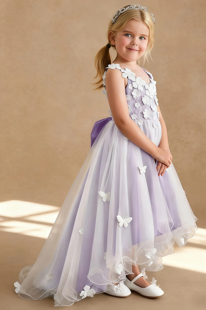 Akaks Eria Lilac Flower Girl Dress A-Line V-Neck Lace Tulle Asymmetrical Hem Sleeveless 3D White Flowers Dress Image437778