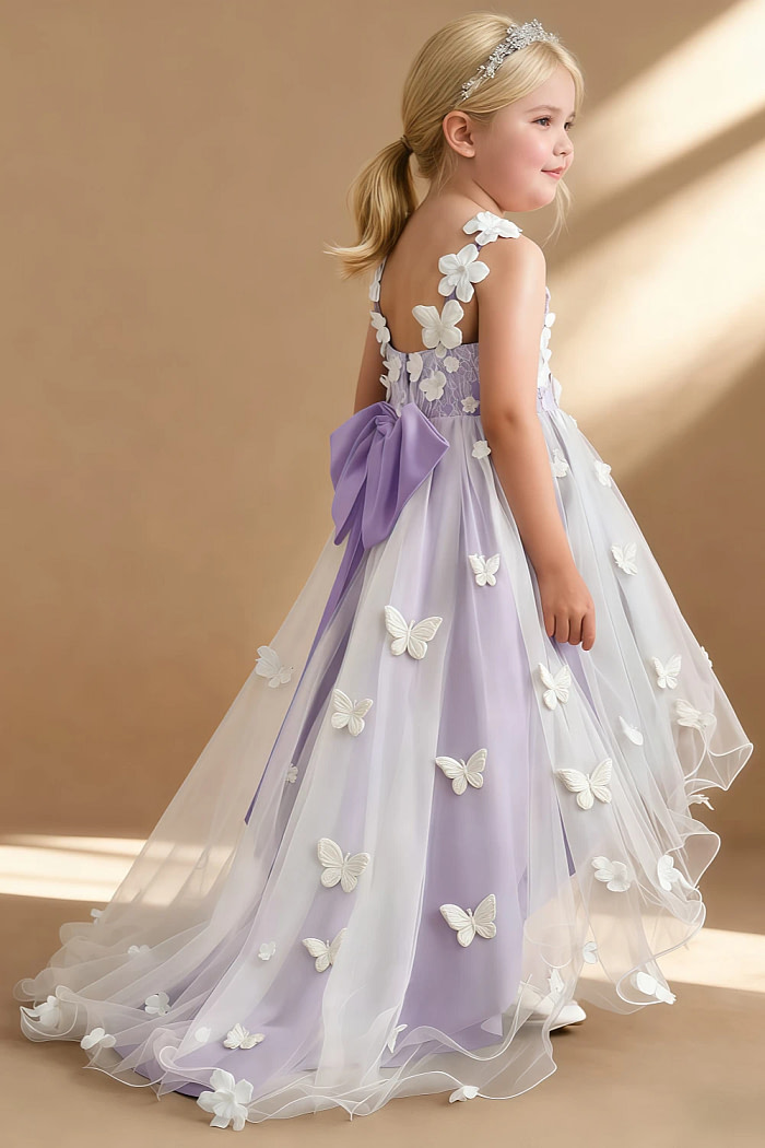 Akaks Eria Lilac Flower Girl Dress A-Line V-Neck Lace Tulle Asymmetrical Hem Sleeveless 3D White Flowers Dress Image644185