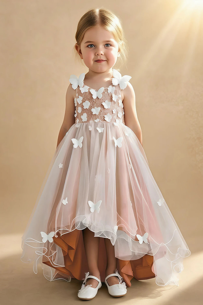 Akaks Eria Mai Tai Flower Girl Dress A-Line V-Neck Lace Tulle Asymmetrical Hem Sleeveless 3D White Flowers Dress Image202052