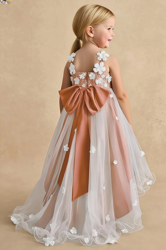 Akaks Eria Mai Tai Flower Girl Dress A-Line V-Neck Lace Tulle Asymmetrical Hem Sleeveless 3D White Flowers Dress Image241950