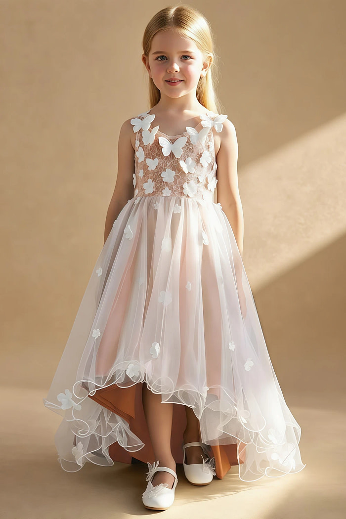 Akaks Eria Mai Tai Flower Girl Dress A-Line V-Neck Lace Tulle Asymmetrical Hem Sleeveless 3D White Flowers Dress Image634789