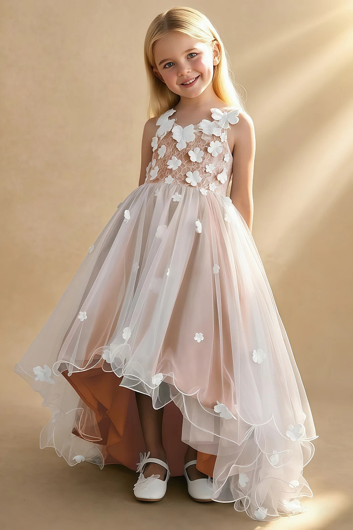 Akaks Eria Mai Tai Flower Girl Dress A-Line V-Neck Lace Tulle Asymmetrical Hem Sleeveless 3D White Flowers Dress Image914629