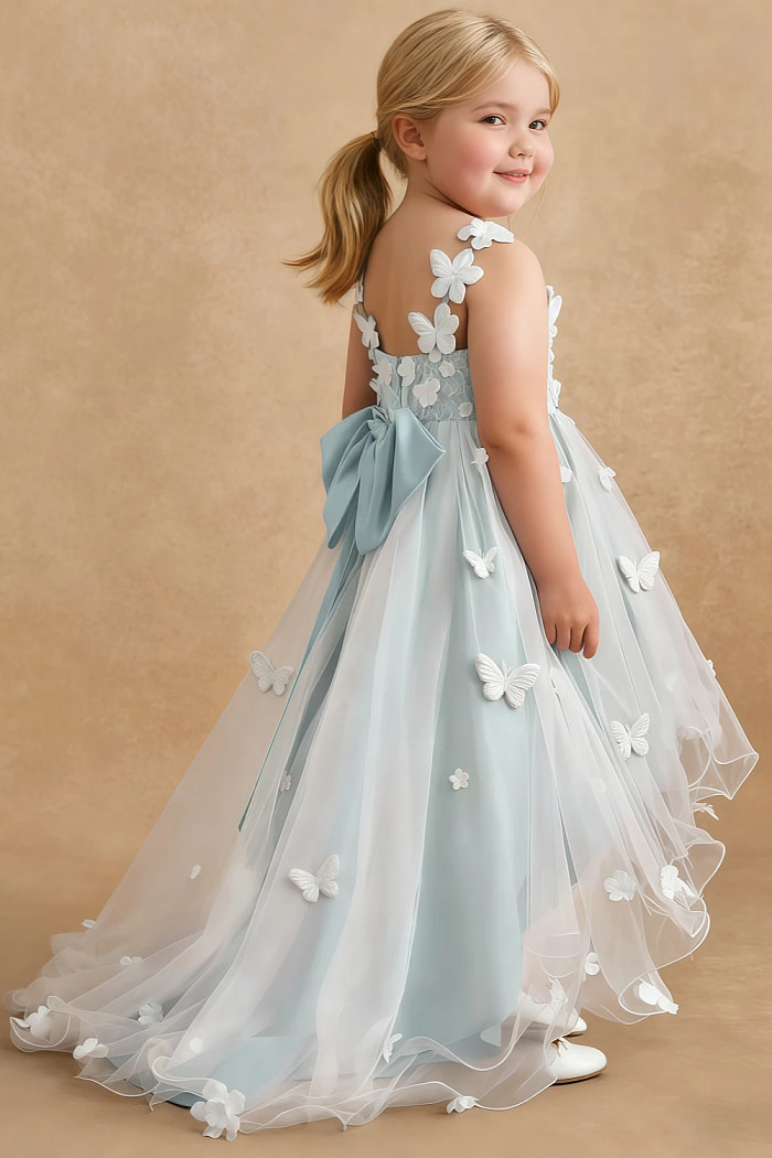 Akaks Eria Mist Blue Flower Girl Dress A-Line V-Neck Lace Tulle Asymmetrical Hem Sleeveless 3D White Flowers Dress Image358889