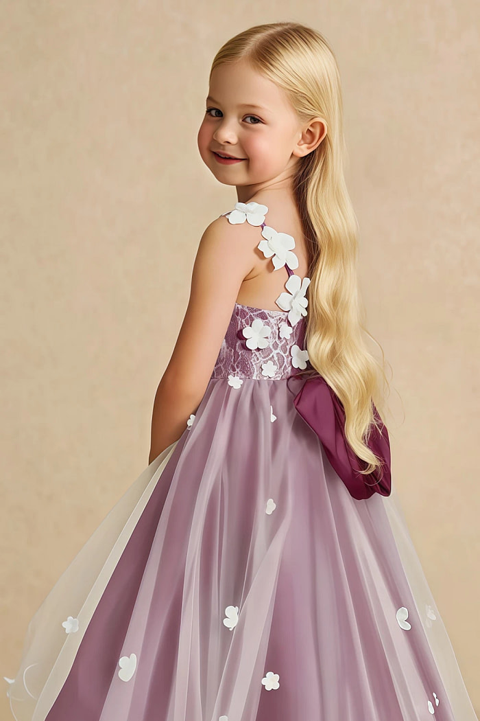 Akaks Eria Mulberry Flower Girl Dress A-Line V-Neck Lace Tulle Asymmetrical Hem Sleeveless 3D White Flowers Dress Image124992
