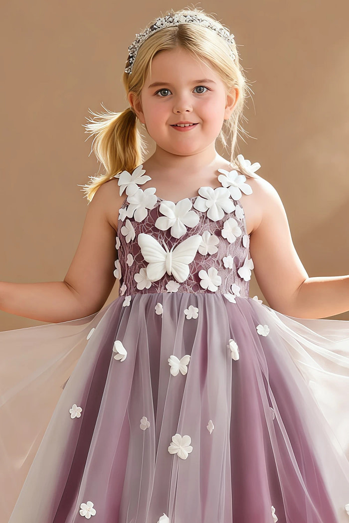 Akaks Eria Mulberry Flower Girl Dress A-Line V-Neck Lace Tulle Asymmetrical Hem Sleeveless 3D White Flowers Dress Image394698
