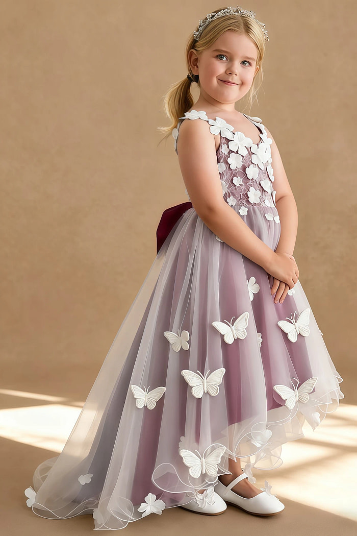 Akaks Eria Mulberry Flower Girl Dress A-Line V-Neck Lace Tulle Asymmetrical Hem Sleeveless 3D White Flowers Dress Image553109