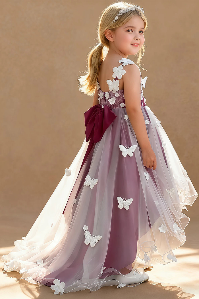 Akaks Eria Mulberry Flower Girl Dress A-Line V-Neck Lace Tulle Asymmetrical Hem Sleeveless 3D White Flowers Dress Image737126