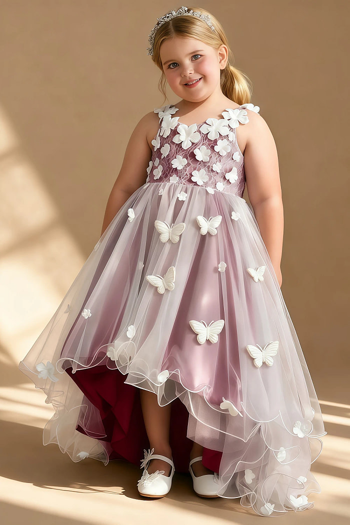 Akaks Eria Mulberry Flower Girl Dress A-Line V-Neck Lace Tulle Asymmetrical Hem Sleeveless 3D White Flowers Dress Image969849