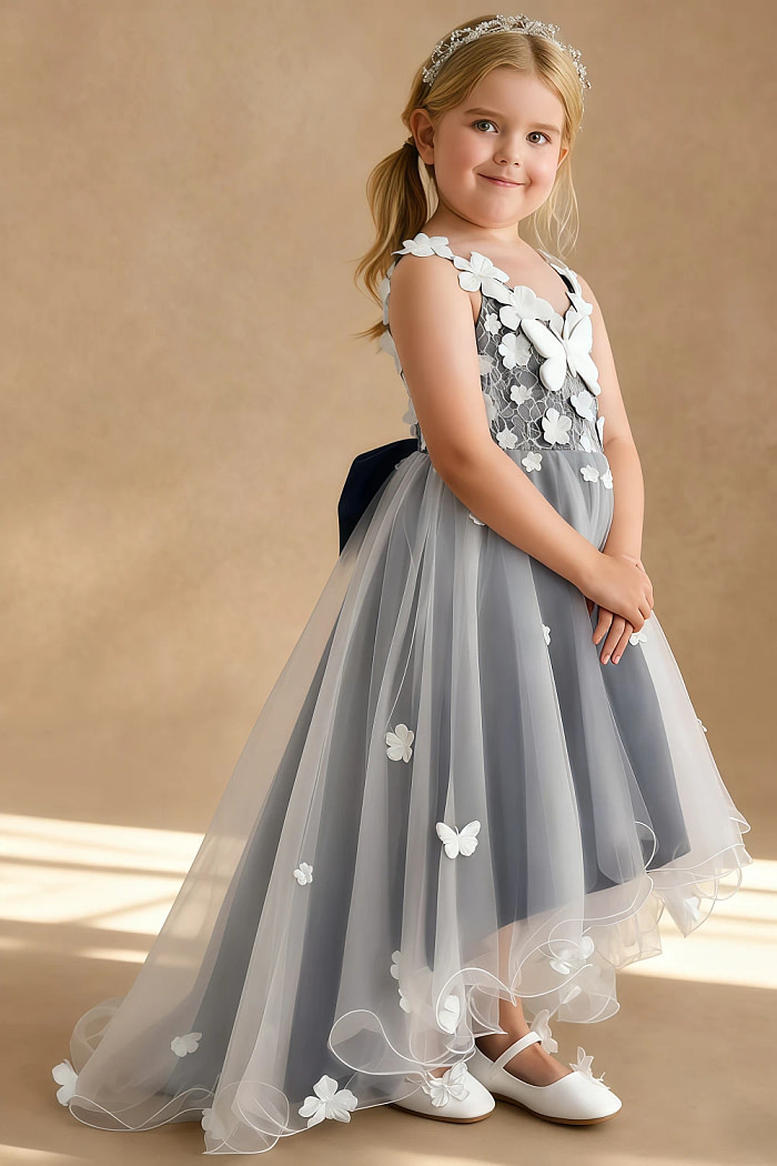 Akaks Eria Navy Flower Girl Dress A-Line V-Neck Lace Tulle Asymmetrical Hem Sleeveless 3D White Flowers Dress Image909764