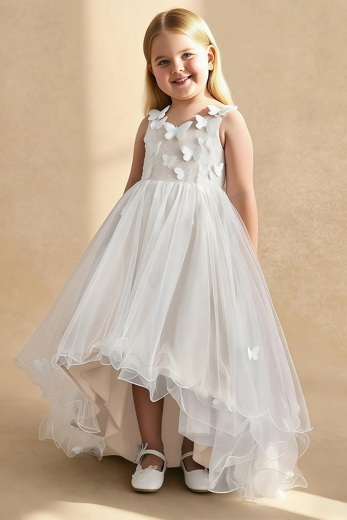 Akaks Eria Off White Flower Girl Dress A-Line V-Neck Lace Tulle Asymmetrical Hem Sleeveless 3D White Flowers Dress Image211562