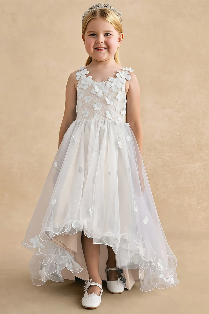 Akaks Eria Off White Flower Girl Dress A-Line V-Neck Lace Tulle Asymmetrical Hem Sleeveless 3D White Flowers Dress Image267653