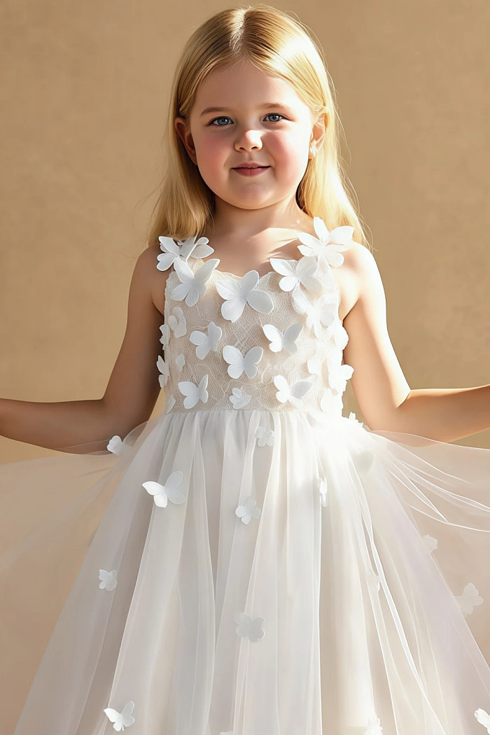 Akaks Eria Off White Flower Girl Dress A-Line V-Neck Lace Tulle Asymmetrical Hem Sleeveless 3D White Flowers Dress Image326521