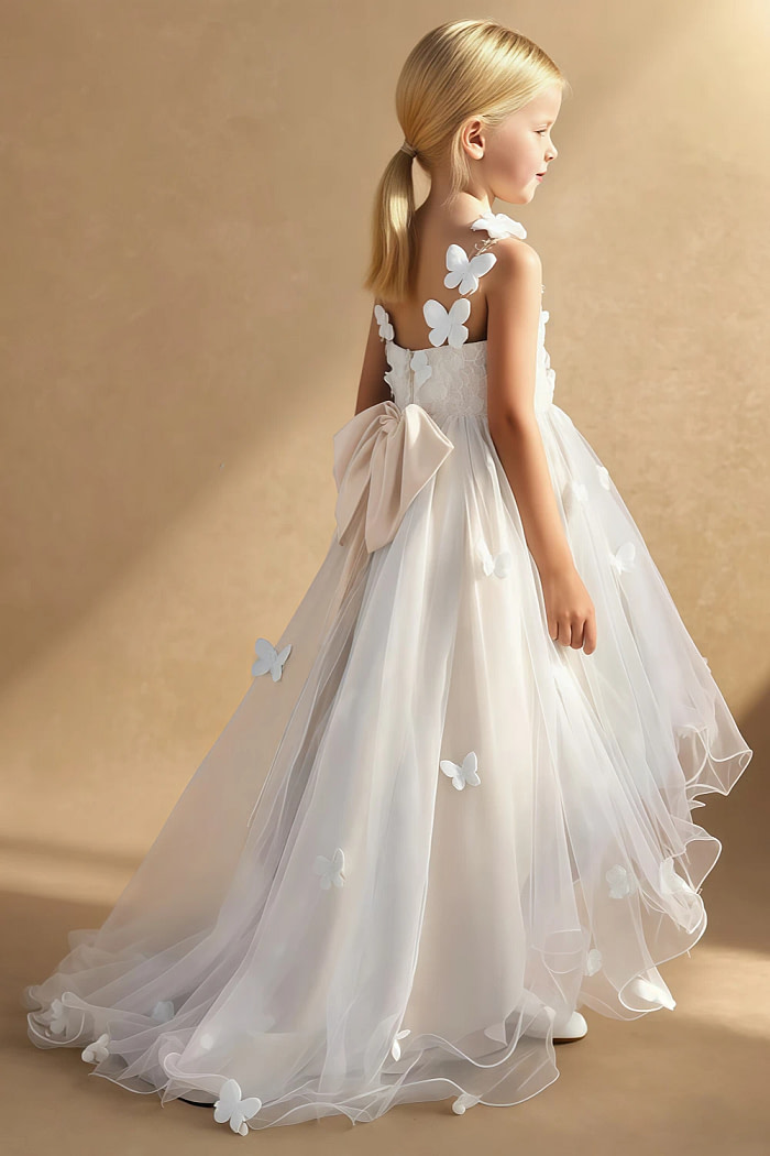 Akaks Eria Off White Flower Girl Dress A-Line V-Neck Lace Tulle Asymmetrical Hem Sleeveless 3D White Flowers Dress Image379730