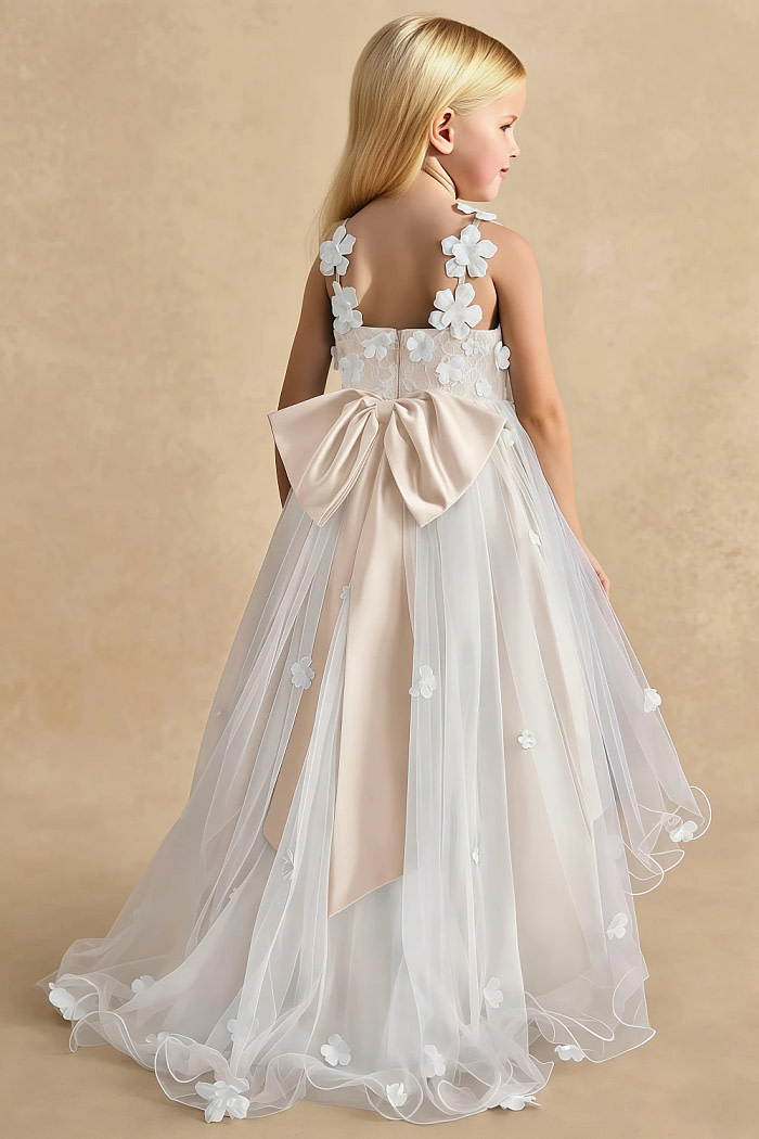 Akaks Eria Off White Flower Girl Dress A-Line V-Neck Lace Tulle Asymmetrical Hem Sleeveless 3D White Flowers Dress Image601309