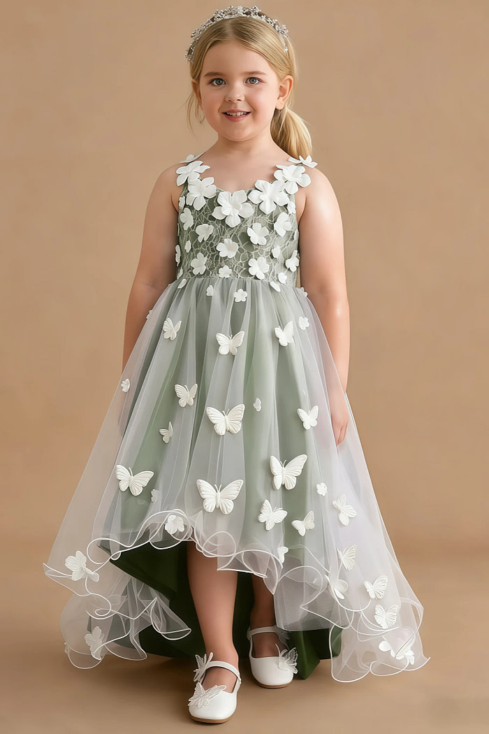 Akaks Eria Olive Green Flower Girl Dress A-Line Lace Tulle Asymmetrical Hem Sleeveless V-Neck 3D White Flowers Dress Image201465