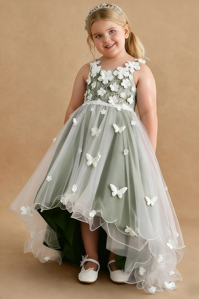 Akaks Eria Olive Green Flower Girl Dress A-Line Lace Tulle Asymmetrical Hem Sleeveless V-Neck 3D White Flowers Dress Image511389