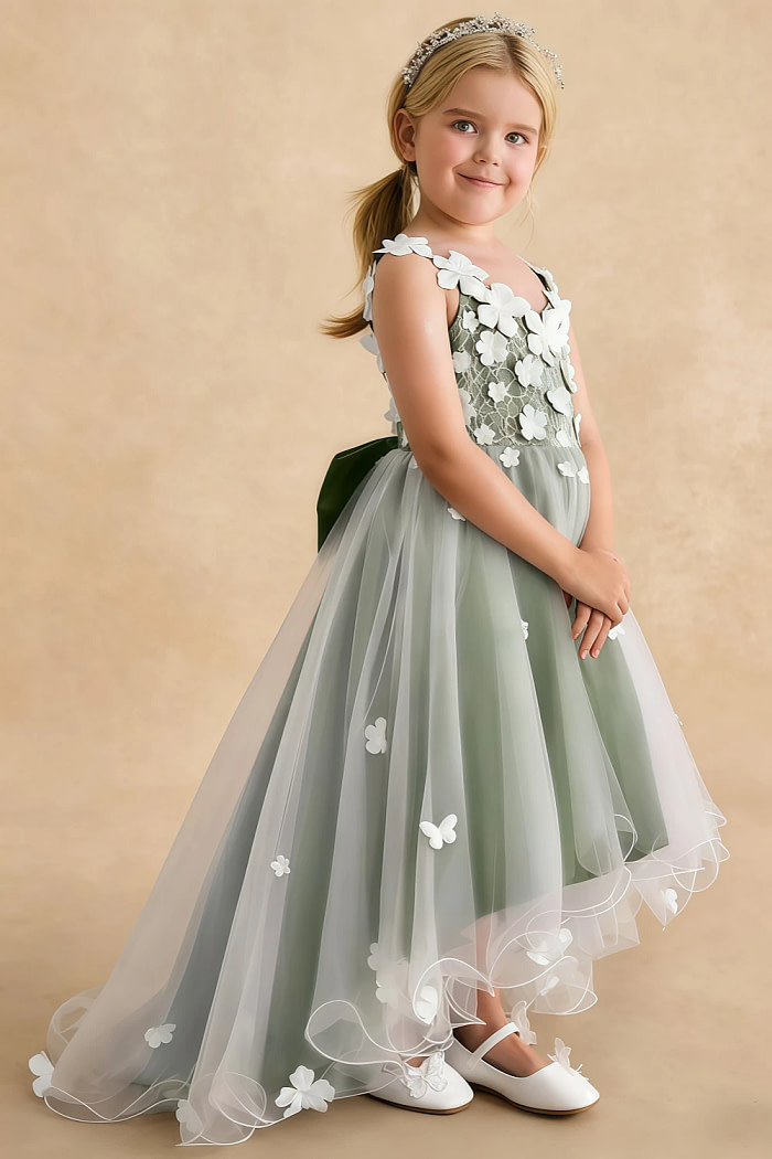 Akaks Eria Olive Green Flower Girl Dress A-Line Lace Tulle Asymmetrical Hem Sleeveless V-Neck 3D White Flowers Dress Image629108