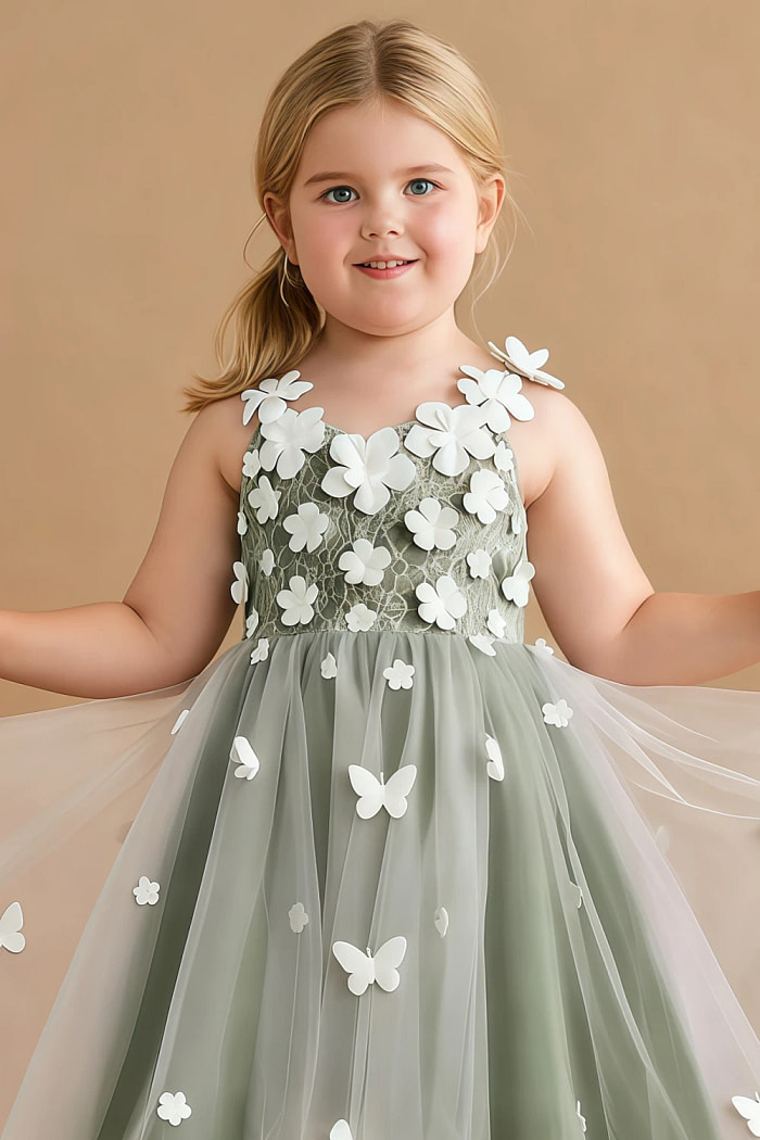 Akaks Eria Olive Green Flower Girl Dress A-Line Lace Tulle Asymmetrical Hem Sleeveless V-Neck 3D White Flowers Dress Image684253