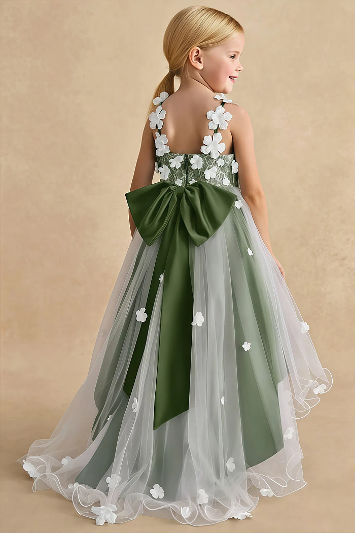 Akaks Eria Olive Green Flower Girl Dress A-Line Lace Tulle Asymmetrical Hem Sleeveless V-Neck 3D White Flowers Dress Image789395