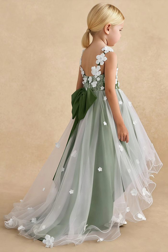 Akaks Eria Olive Green Flower Girl Dress A-Line Lace Tulle Asymmetrical Hem Sleeveless V-Neck 3D White Flowers Dress Image848339