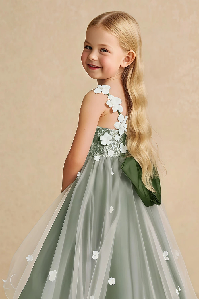 Akaks Eria Olive Green Flower Girl Dress A-Line Lace Tulle Asymmetrical Hem Sleeveless V-Neck 3D White Flowers Dress Image885621