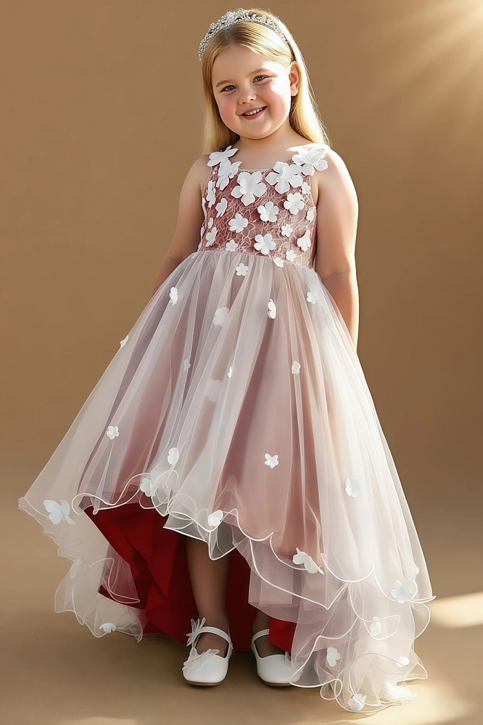 Akaks Eria Paprika Flower Girl Dress A-Line V-Neck Lace Tulle Asymmetrical Hem Sleeveless 3D White Flowers Dress Image663281