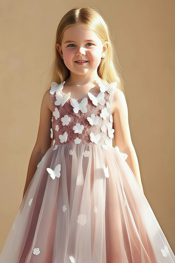 Akaks Eria Paprika Flower Girl Dress A-Line V-Neck Lace Tulle Asymmetrical Hem Sleeveless 3D White Flowers Dress Image699244