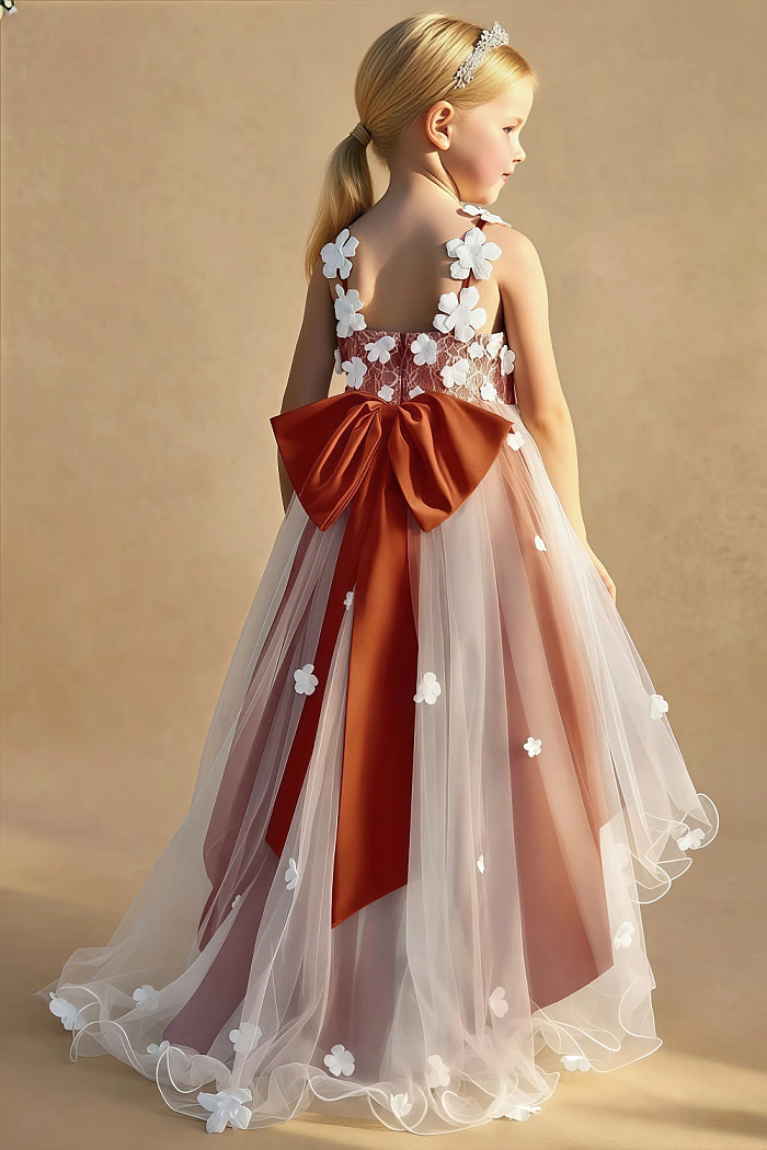 Akaks Eria Paprika Flower Girl Dress A-Line V-Neck Lace Tulle Asymmetrical Hem Sleeveless 3D White Flowers Dress Image776467