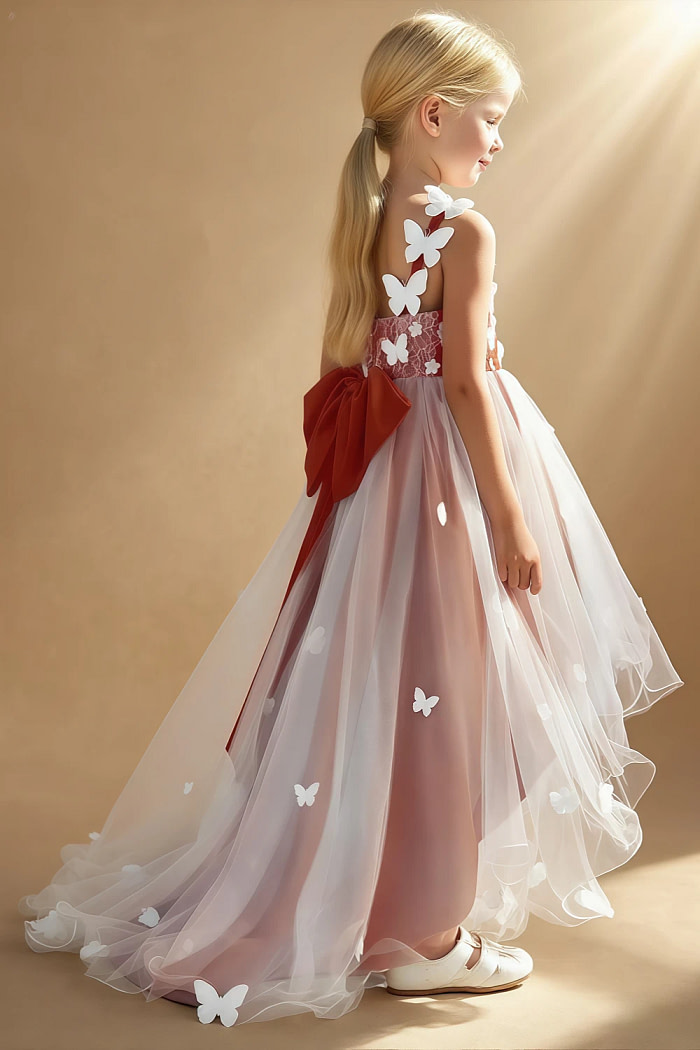 Akaks Eria Paprika Flower Girl Dress A-Line V-Neck Lace Tulle Asymmetrical Hem Sleeveless 3D White Flowers Dress Image875195