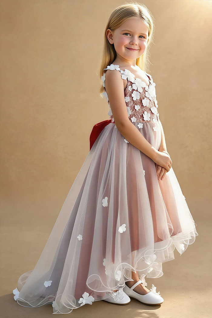 Akaks Eria Paprika Flower Girl Dress A-Line V-Neck Lace Tulle Asymmetrical Hem Sleeveless 3D White Flowers Dress Image902096