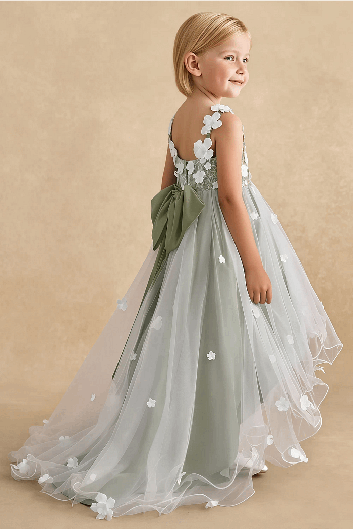 Akaks Eria Pistachio Flower Girl Dress A-Line Lace Tulle Asymmetrical Hem Sleeveless V-Neck 3D White Flowers Dress Image124073