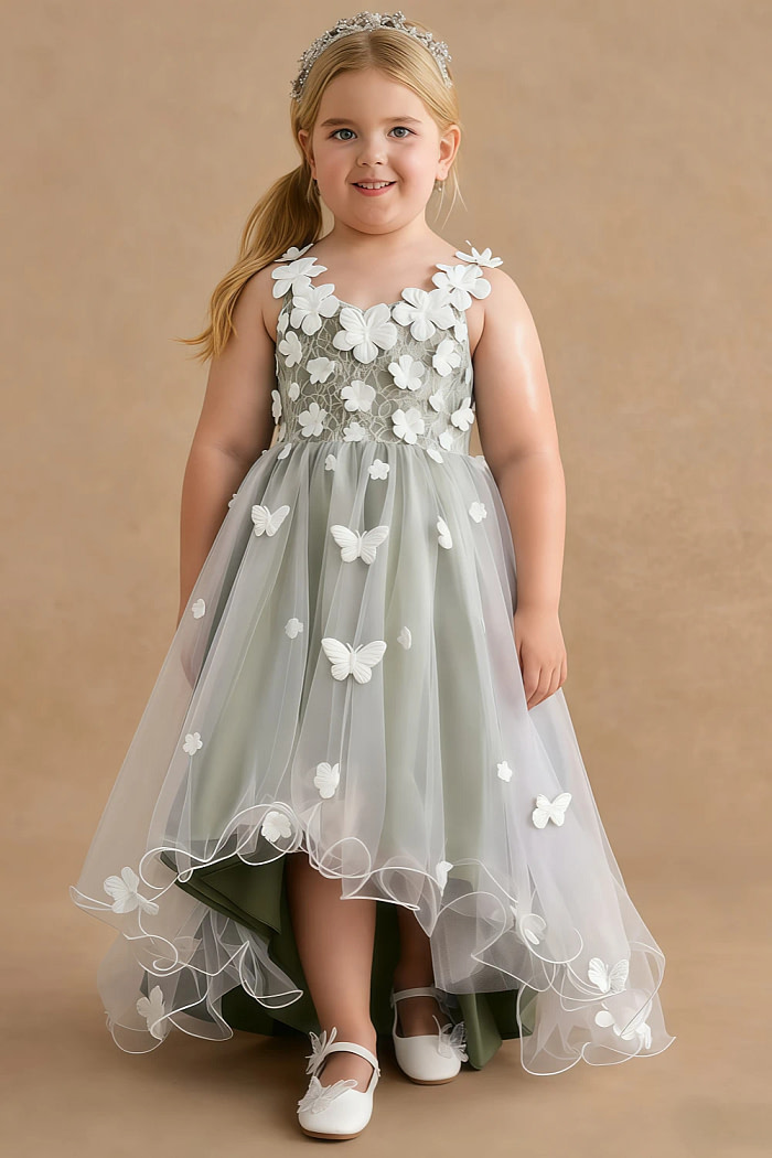 Akaks Eria Pistachio Flower Girl Dress A-Line Lace Tulle Asymmetrical Hem Sleeveless V-Neck 3D White Flowers Dress Image604099