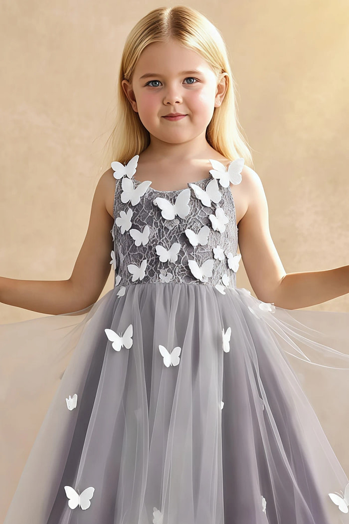 Akaks Eria Plum Flower Girl Dress A-Line V-Neck Lace Tulle Asymmetrical Hem Sleeveless 3D White Flowers Dress Image105538