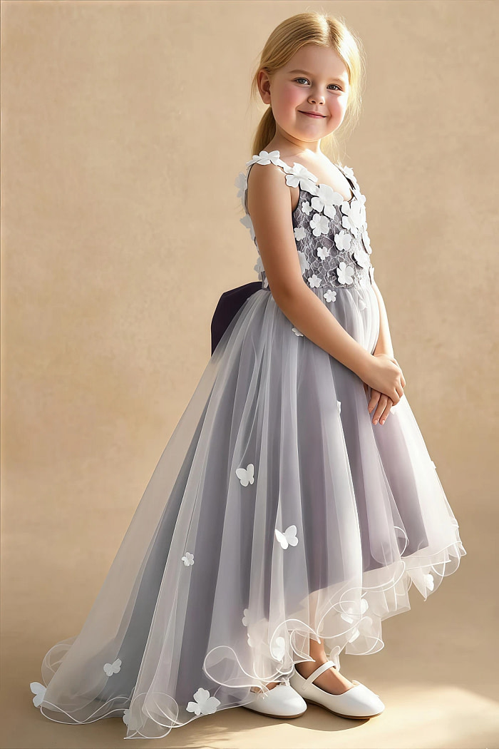 Akaks Eria Plum Flower Girl Dress A-Line V-Neck Lace Tulle Asymmetrical Hem Sleeveless 3D White Flowers Dress Image249330