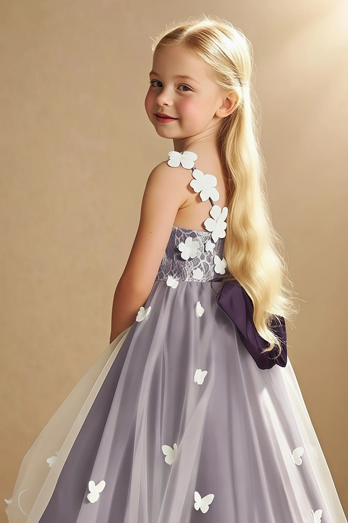 Akaks Eria Plum Flower Girl Dress A-Line V-Neck Lace Tulle Asymmetrical Hem Sleeveless 3D White Flowers Dress Image593655