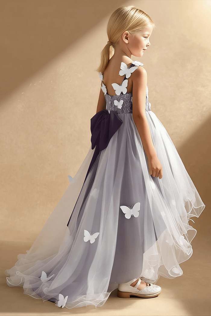 Akaks Eria Plum Flower Girl Dress A-Line V-Neck Lace Tulle Asymmetrical Hem Sleeveless 3D White Flowers Dress Image705741