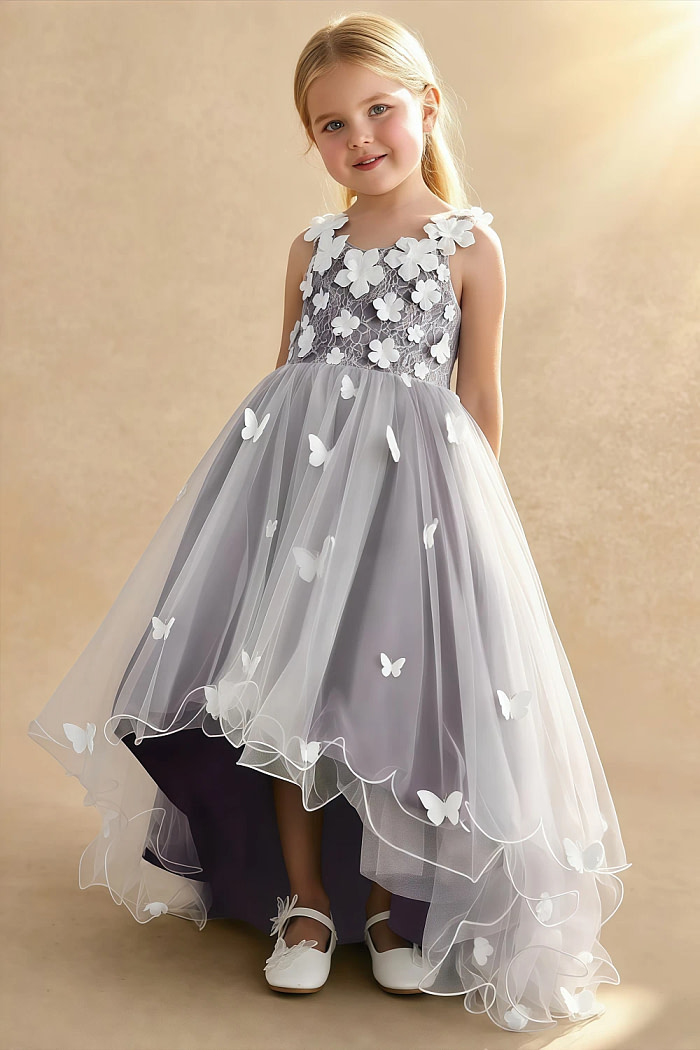 Akaks Eria Plum Flower Girl Dress A-Line V-Neck Lace Tulle Asymmetrical Hem Sleeveless 3D White Flowers Dress Image925491