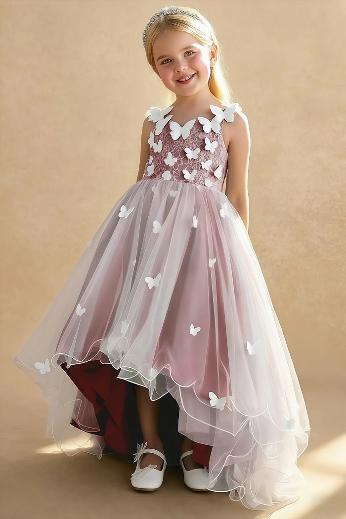 Akaks Eria Pomegranate Flower Girl Dress A-Line V-Neck Lace Tulle Asymmetrical Hem Sleeveless 3D White Flowers Dress Image114888