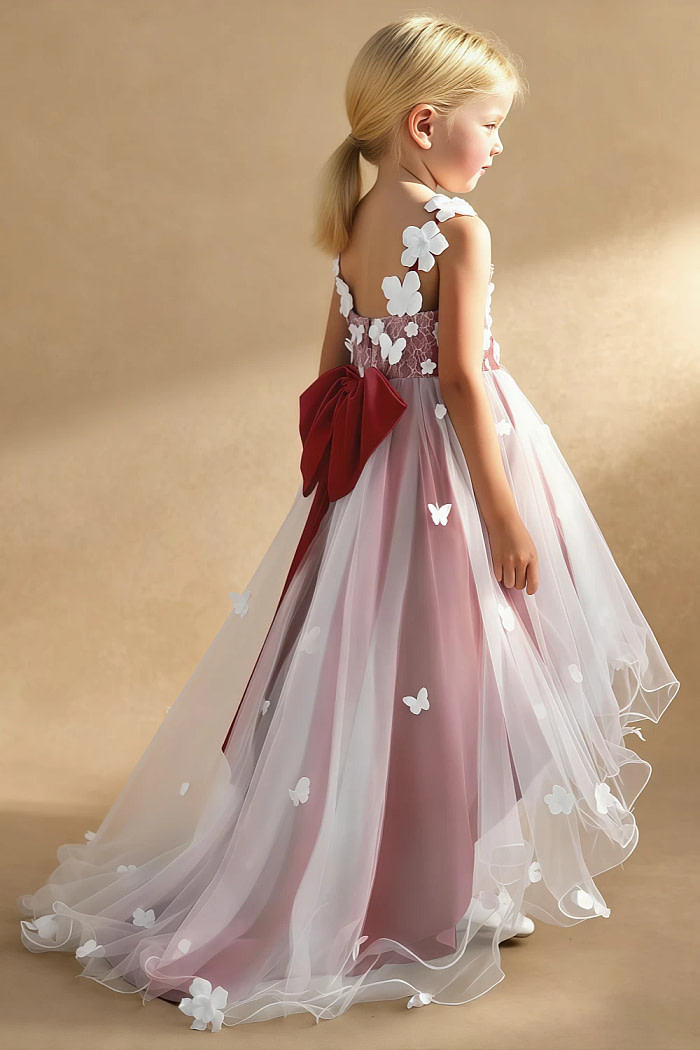 Akaks Eria Pomegranate Flower Girl Dress A-Line V-Neck Lace Tulle Asymmetrical Hem Sleeveless 3D White Flowers Dress Image273778
