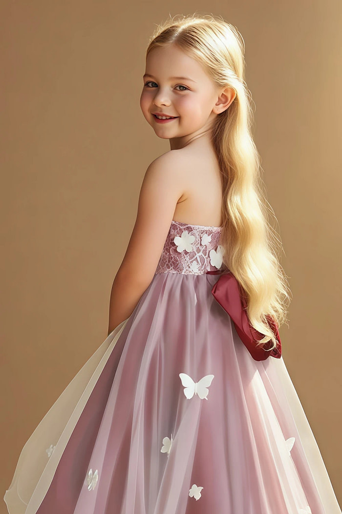 Akaks Eria Pomegranate Flower Girl Dress A-Line V-Neck Lace Tulle Asymmetrical Hem Sleeveless 3D White Flowers Dress Image437384