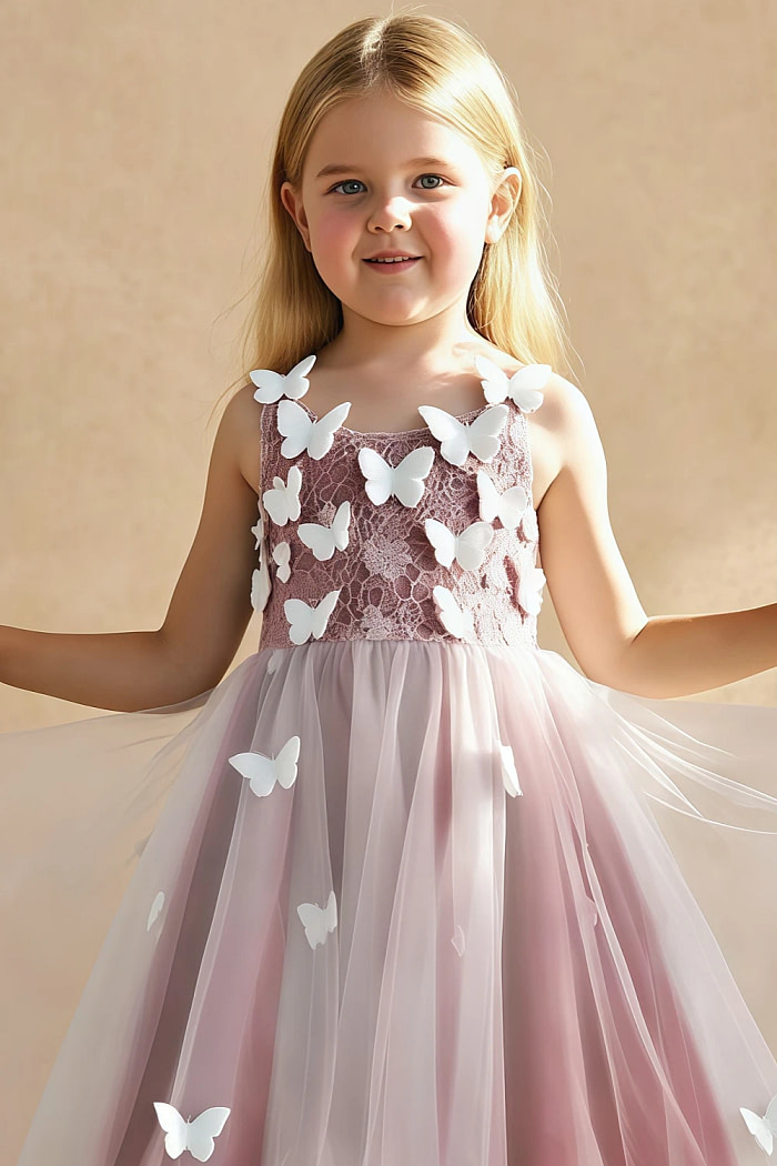 Akaks Eria Pomegranate Flower Girl Dress A-Line V-Neck Lace Tulle Asymmetrical Hem Sleeveless 3D White Flowers Dress Image514787