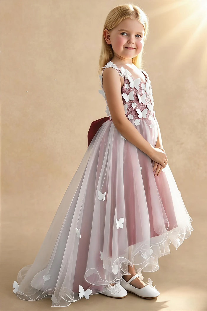 Akaks Eria Pomegranate Flower Girl Dress A-Line V-Neck Lace Tulle Asymmetrical Hem Sleeveless 3D White Flowers Dress Image524532