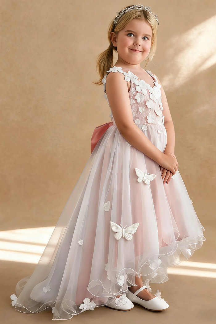 Akaks Eria Rosette Flower Girl Dress A-Line V-Neck Lace Tulle Asymmetrical Hem Sleeveless 3D White Flowers Dress Image117744